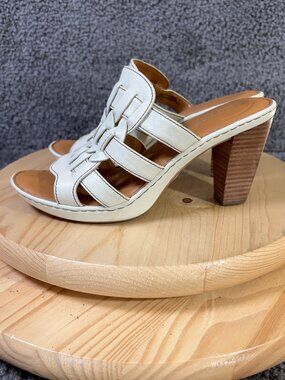 Born Shoes High Heel Sandals Womens Size 8 Leather White Slip On Open Toe